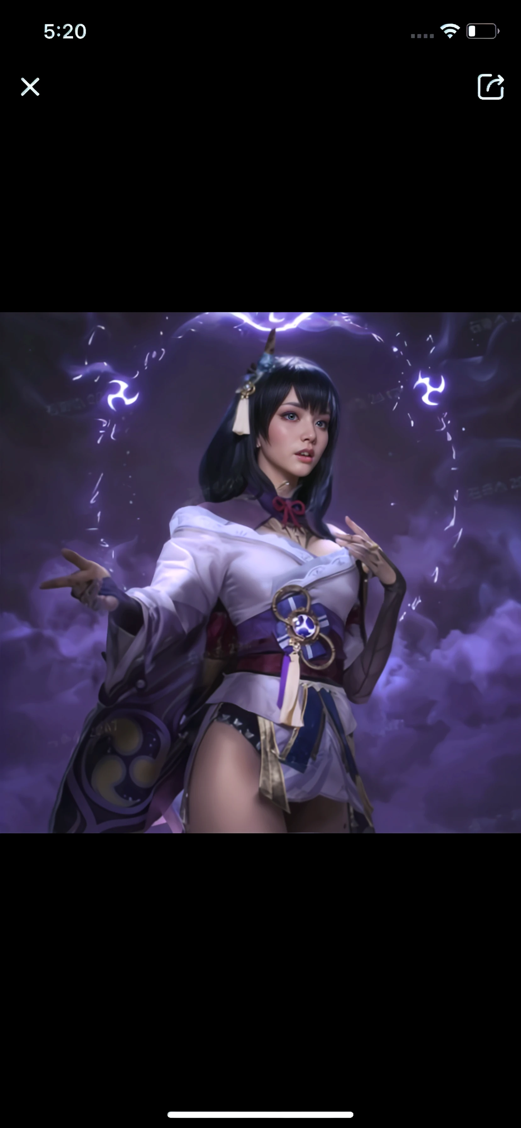 (Raw:1.4),(Realistic:1.4),((HDR:1.2)),Japanese temple background, Floating katana,(((Japanese katana flashing with purple thunderbolt suspended upright on chest)))),(purple hair, Raiden Shogun's hairstyle, purple nails),(Full body),((((Wearing purple kimono)))),((Raiden Shogun:1))),A head,((Gesture: hands folded, hands embraced, ((legs apart)))), (correct anatomy), moles under the eyes, raised eyebrows, rolling eyes, ((eyes flashing with purple lightning)), (eyes looking at katana)), absurd, ridiculous, surrealism, high detail, surrealism, chiaroscuro, depth of field, cinematic lighting, wide angle lens, from above, diffraction spikes, eye level shooting, f/1.8, nikon, anatomically correct, masterpiece, ccurate, uhd, textured skin, face spotlight, 16k, ((dynamic pose) (lots of detail, hyperrealism, realism, works by Omar Ortiz)