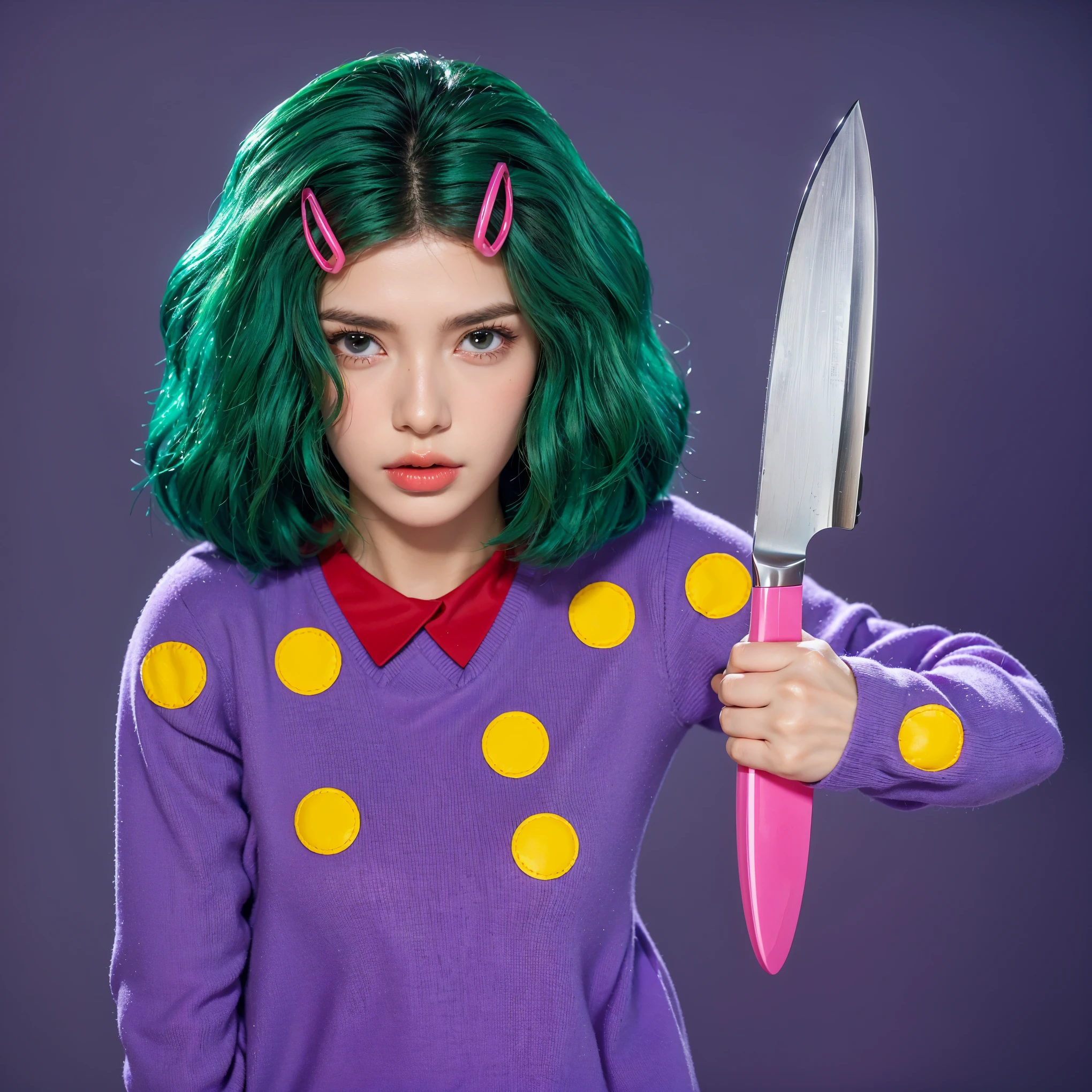 The image portrays a young baby with vibrant emerald green hair styled in a bob, accentuated with pink hair clips that add a playful touch. Her expression is serious, giving her a determined or contemplative look. She is dressed in a purple sweater adorned with yellow polka dots and a pointed red collar, suggesting a quirky, youthful fashion sense. In her hand, she holds a chef's knife with a pink handle, introducing a contrast between her youthful appearance and the seriousness implied by the knife. The purple background complements her outfit and sets a vivid, stylized scene. The purple background complements the costume, creating a vibrant and engaging scene. (glossy plastic texture with multiple big light probe refractions), perfect cgi, smooth silhouette, high intensity refraction, (super glossy plastic material), most beautiful vfx, , realistic, 4k, high resolution, rim light, smooth 3d model, multiple light sources, rim light, sharp post effects render,, realistic, 4k, high resolution, rim light detailed digital art, reflective, best quality, 4k, masterpiece:1.2, ultra-detailed, realistic, vivid colors, The image of the highest quality, ensuring every detail showcased perfectly. It in 4k resolution, allowing viewers to immerse themselves in the richness of the colors and intricate details. The realistic rendering. under the spotlight, reflecting, high-resolution image, realistic rendering