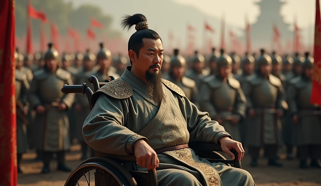 A screenshot from a movie clip，Shot with ultra-clear camera，Describe the Warring States Period，Zhuge Liang sat in a wheelchair.，With his left hand on the handle，Holding a feather fan in his right hand，He raises his right hand and holds it diagonally.，Behind him are thousands of soldiers