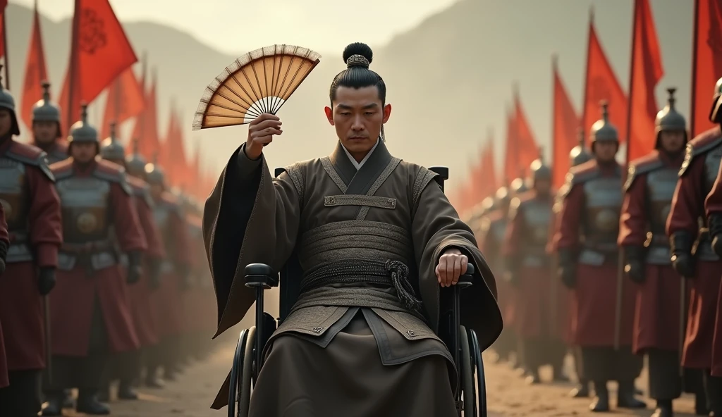 A screenshot from a movie clip,Shot with ultra-clear camera,Describe the Warring States Period,Zhuge Liang sat in a wheelchair.,With his left hand on the handle,Holding a feather fan in his right hand,He raises his right hand and holds it diagonally.,Behind him are thousands of soldiers
