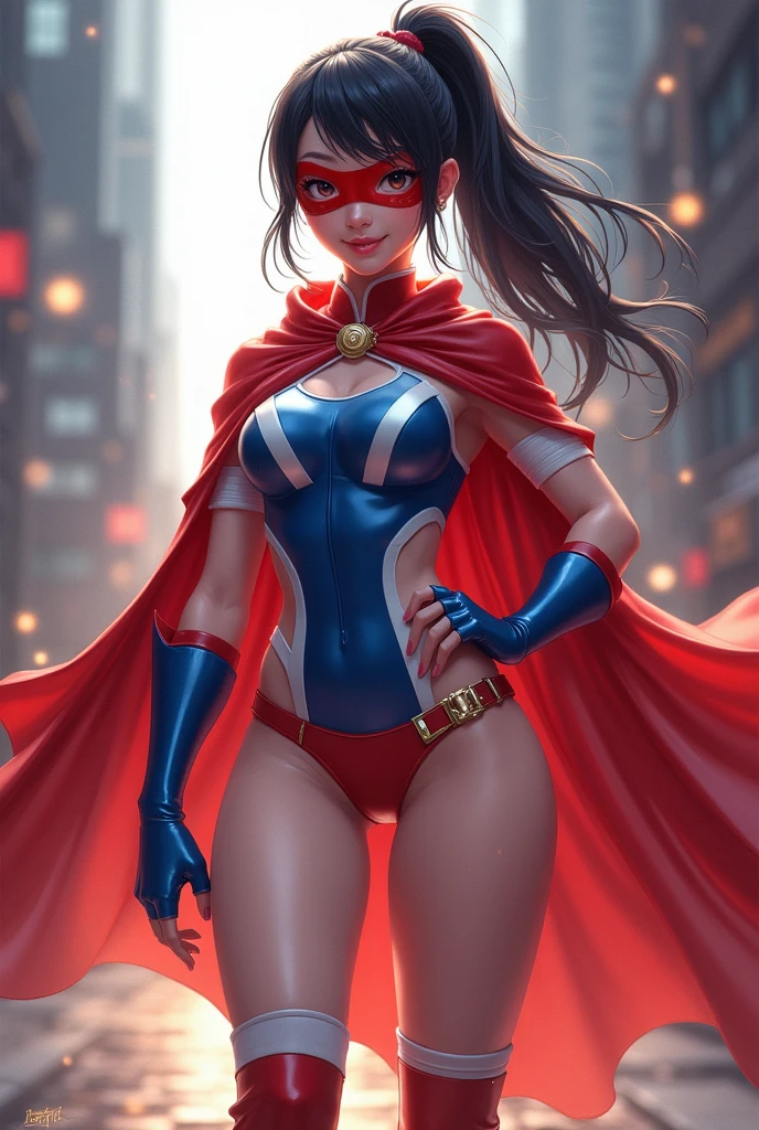 Female, asian, full body, round face, pretty, wide eyes, dark hair, ponytail, athletic build, sexy, wet skin, costume: spandex, red cape, one-pieced, tight, sleeveless, blue top with white sides, up side down white triangle symbol, belly cut-out bodysuit, red underwear, white thigh-high socks, red boots, short blue fingerless, white shooter sleeves, red domino mask, standing with one hand on the hips, glowing energy aura
