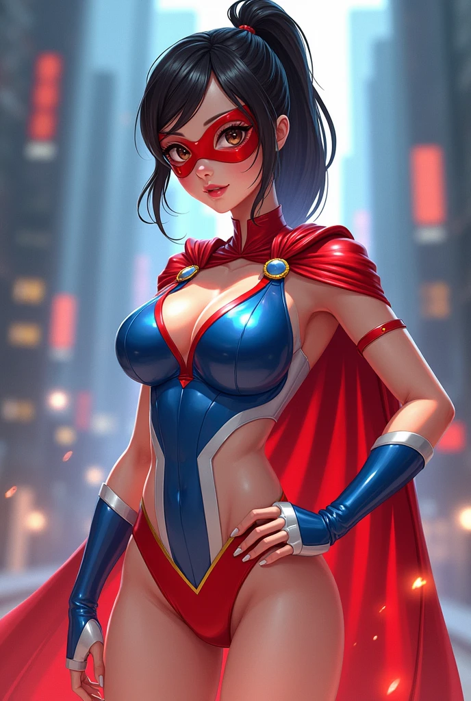 Female, Japanese, realistic, full body, round face, pretty, wide eyes, dark hair, ponytail, athletic build, sexy, wet skin, costume: spandex, red cape, one-pieced, tight, sleeveless, blue top with white sides, up side down white triangle symbol, belly cut-out, red underwear, white thigh-high socks, red boots, short blue fingerless, white shooter sleeves, red domino mask, standing with one hand on the hips, glowing energy aura