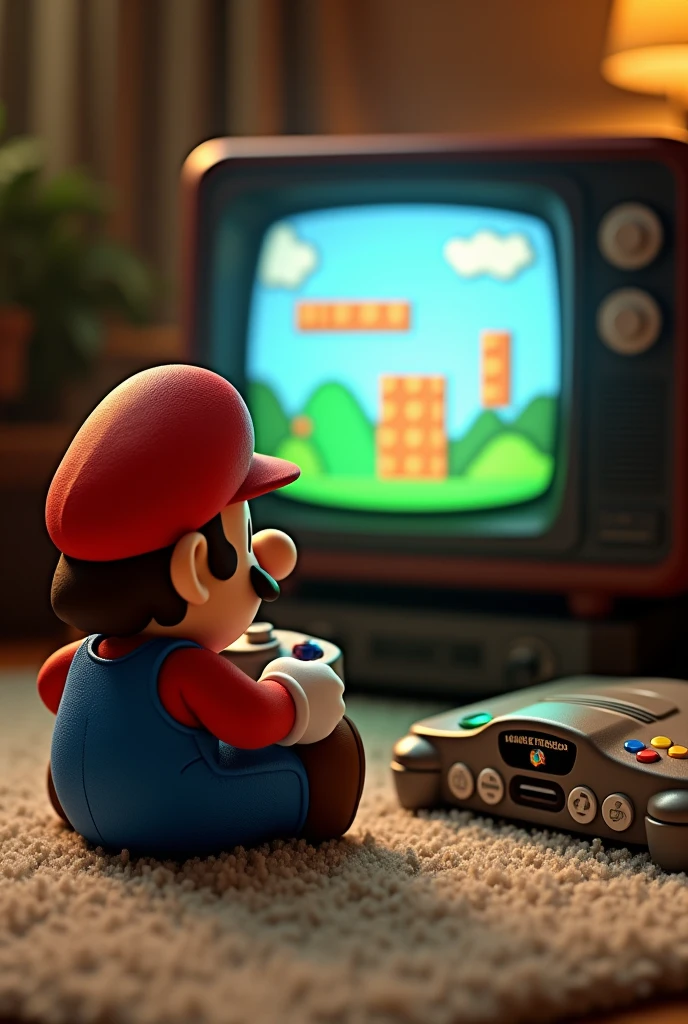 Super Mario playing on a tube TV The Legend of Zelda: Ocarina of Time on the floor is a Nintendo64 and Mario has the Nintendo64 gamepad in his hand