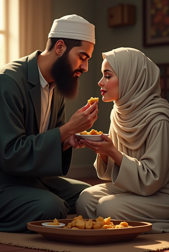 A handsome Muslim man sat on a chair at the dining table next to his wife with her arms raised in anger. Various curries and fruits were on the table