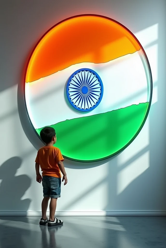 A stunning 3D realistic glossy image featuring a neon circle design of the India flag against a pristine white wall. The flag's colors - saffron, white, green, and blue - are vividly represented in a modern, abstract style. The name "Happy Independence Day Babai" is prominently printed on the circle in bold, capital letters. A striking shadow of a young boy cast upon the wall adds depth and a sense of realism to the scene. The overall effect is a vibrant, patriotic representation with a contemporary touch, expertly crafted in 32k HDR quality.