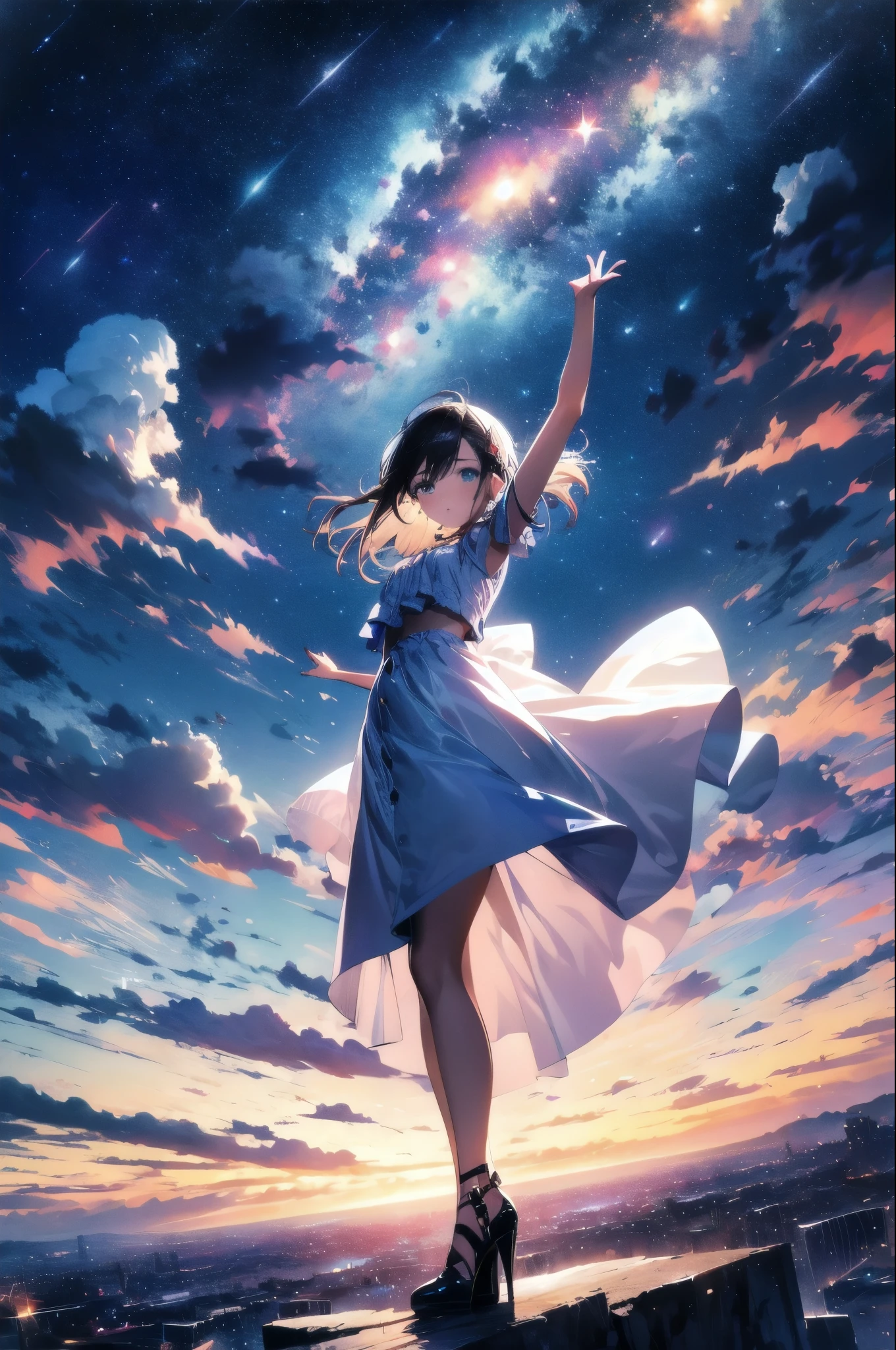 absurdres, highres, (official art, beautiful and aesthetic:1.2), close view, arm up from below
1girl, shining sky, vast world, gazing, awe-inspiring expression, distant horizon, clouds, high hill, natural beauty, inspiration, night sky, Shining Stars,
apstyle