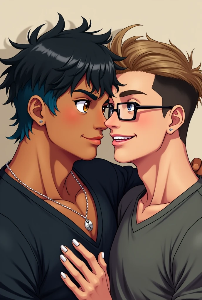 Couple of boyfriends she curvy thick body, big cheeks black hair with blue, big brown eyes light skin with piercing in the nose and tongue and with light skin, straight hair styled up and small rectangular glasses