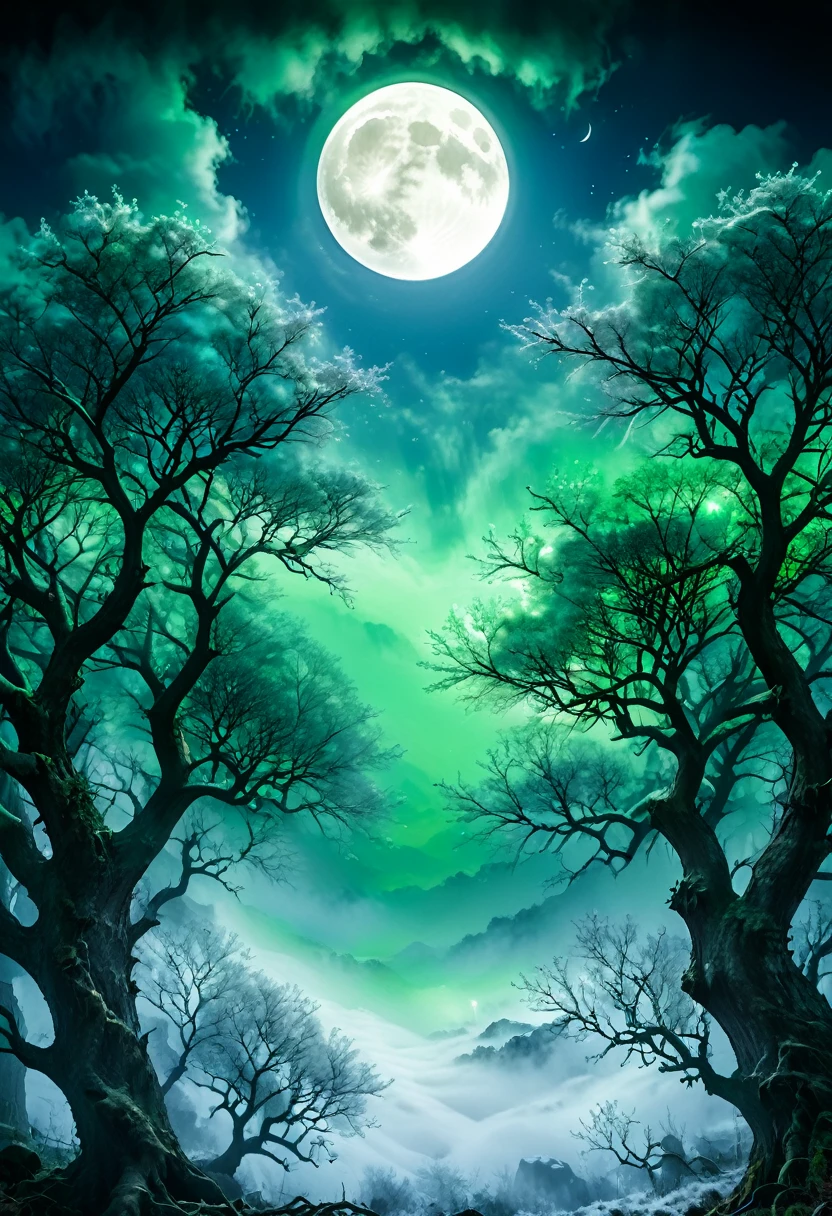 (Only the tops of the trees and the full moon are visible.) 在月光下大暴风雪的森林 close up 雪覆蓋森林 很大的扭曲 樹木形狀奇特樹枝多 ( Look from the bottom up) close up (Only the tops of the trees and the full moon are visible.) Heavy snow, moonlight filtering through the gaps in the trees. High dynamic range, Ultra high quality, Tyndall effect. Blue-green mist layers, abundant and luminous moon. Eerie atmosphere. Dense fog pervades the surroundings. The misty environment conveys a sense of mystery and suspense. Breathtaking. Tyndall effect. Ethereal glow. Detailed depiction. Surreal. Dreamlike world. Sharp focus., Limit depth for writing, Best shadow, Perfect light, High Dynamic Range, Realistic textures, Ultra-detailed background wide-angle shots