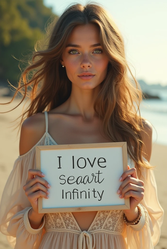 Beautiful girl with wavy long hair, bohemian dress, holding a white board with text "I Love Seaart Infinity" and showing it to the viewer