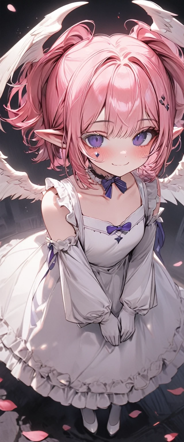 UHD, masterpiece, best quality, extremely detailed, anatomically correct, sharp focus, Midnight, gloomy atmosphere, Church, altar isle, 1girl, solo, camilavtuber, pink hair, short hair, shoulder length hair, curly hair, (white angel head wings:1.2), (twin ponytail), dark purple eyes:1.1, (facial mark), small mouth, closed mouth, smiling, crucifix choker, white arm sleeves, slim arms, white gloves, small chest, 1 angel wing, single wing, ((long white gown)), frilly gown, slim legs, white stockings, (white high heels), (full body:1.5) , (close-up), innocent pose, eye-level shot, front view, innocent pose, scattered pink petals