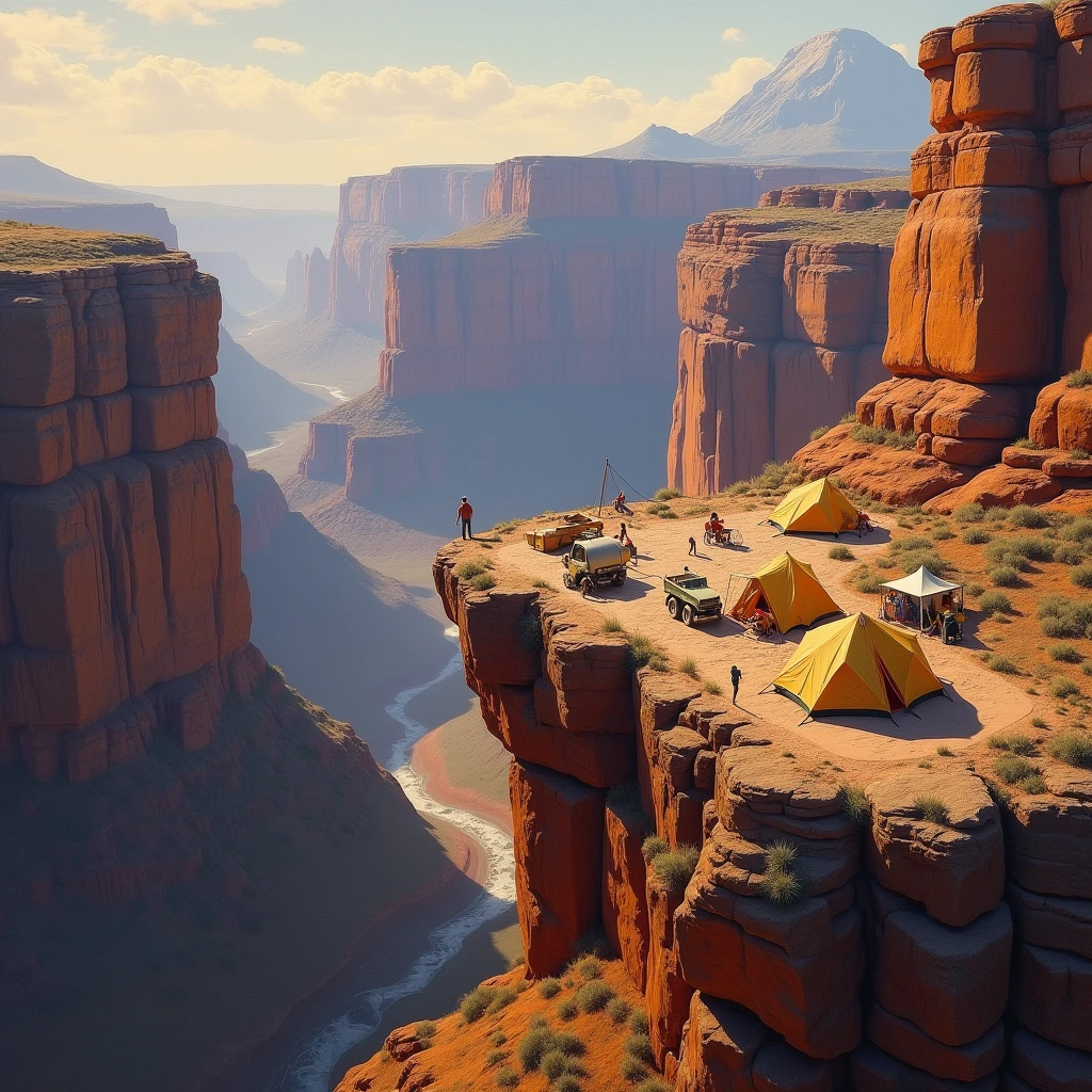 
(best quality, 8K, high resolution, masterpiece), ultra detailed, oil painting, a base camp set up at the edge of a deep, rocky canyon, with tents and equipment arranged precariously close to the cliff's edge, the dramatic landscape painted in warm, earthy tones.