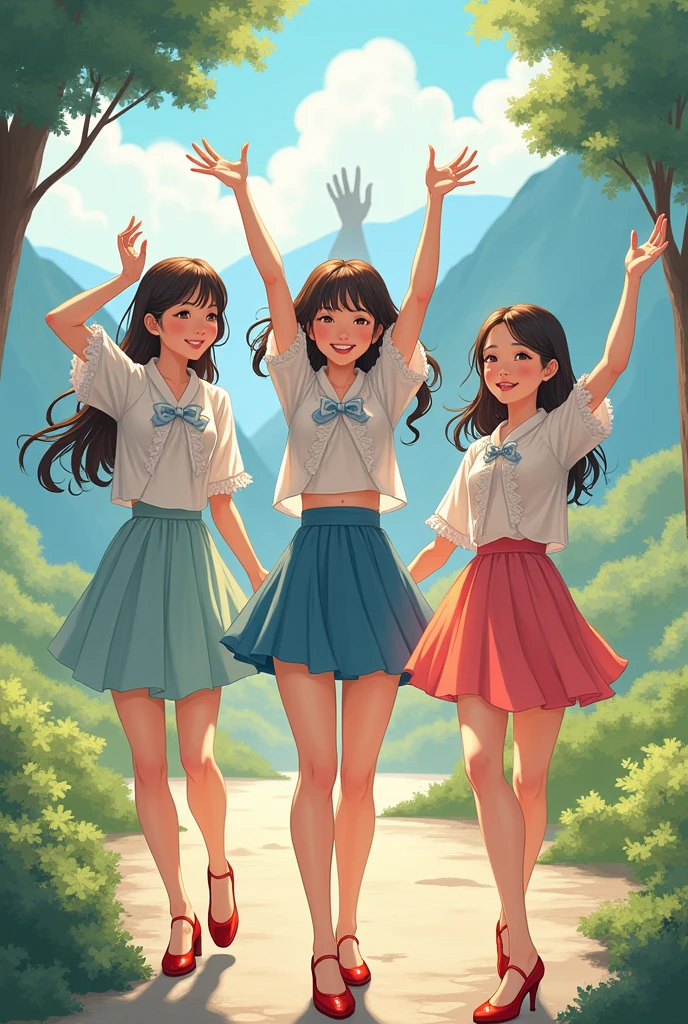 Three beautiful Korean-style women wearing short skirts with ruffled patterns and short-sleeved shirts with ruffled patterns. (Not) Behind is a shadow, both hands raised high above the head, happy mood, background, mountains, trees.