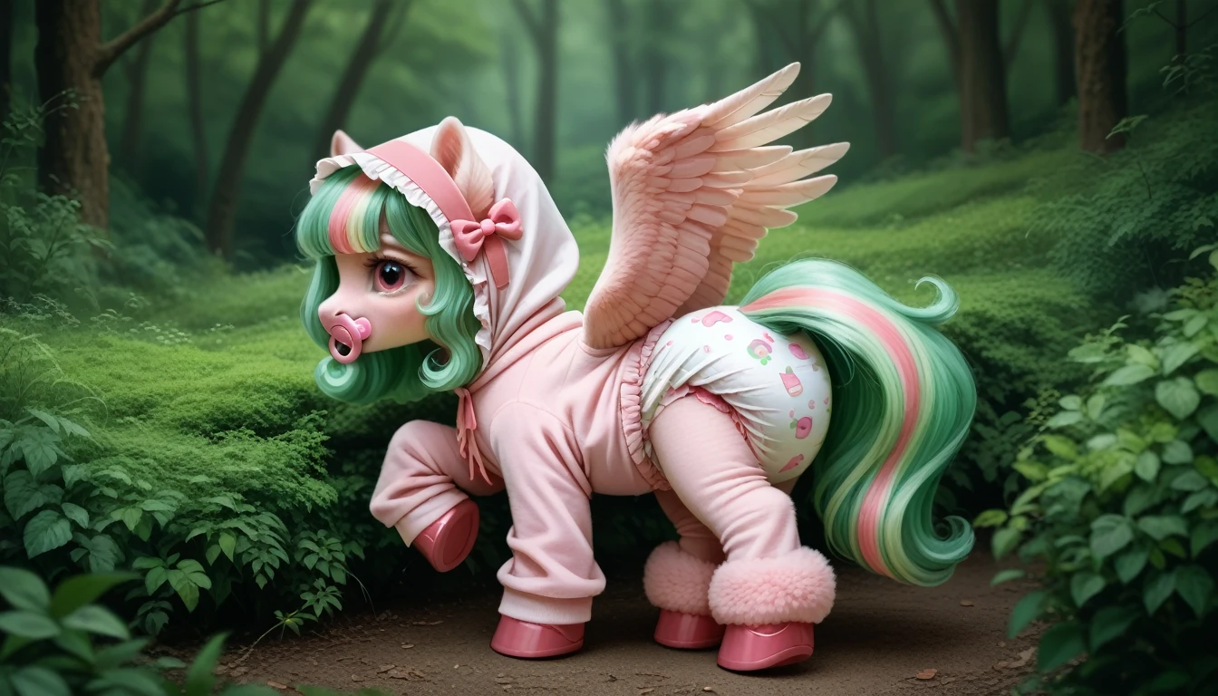 pony, Pegasus, adult filly, emerald green fur, a lush mane, gathered in a light pink bonnet, fluffy tail with a pink bow, stands on four hooves, rear hooves spread wide apart, dressed in a pink onesie and pink booties, pink pacifier in mouth, solo, thick light pink diaper under clothes.