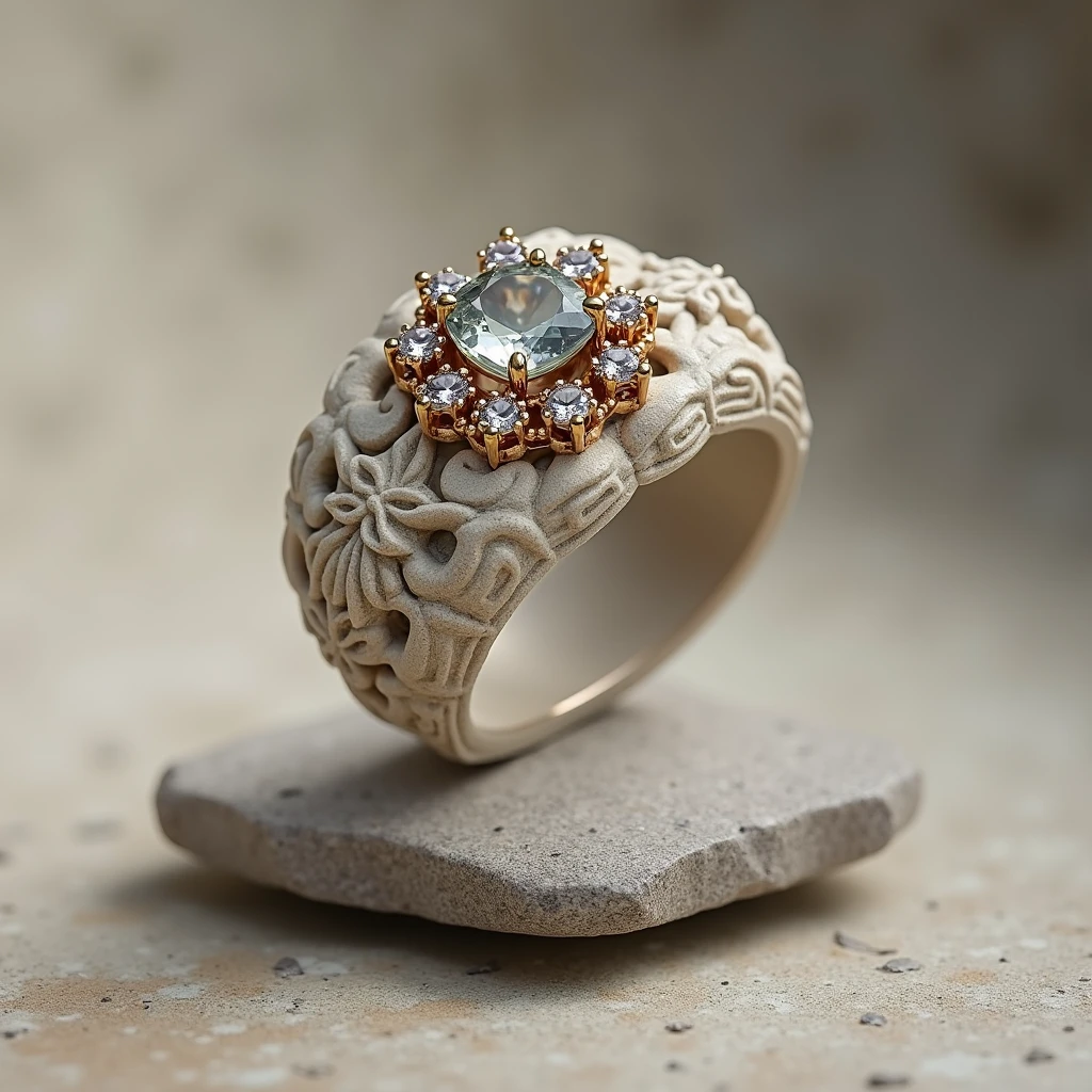 Create an image of a compact jewelry made from stone, such as a ring, necklace, or bracelets. Jewelry should have a sophisticated design, with carefully cut and securely set gemstones. The surface of the stone should show a natural shine, with intricate carvings or patterns to enhance the beauty of the material or gemstones