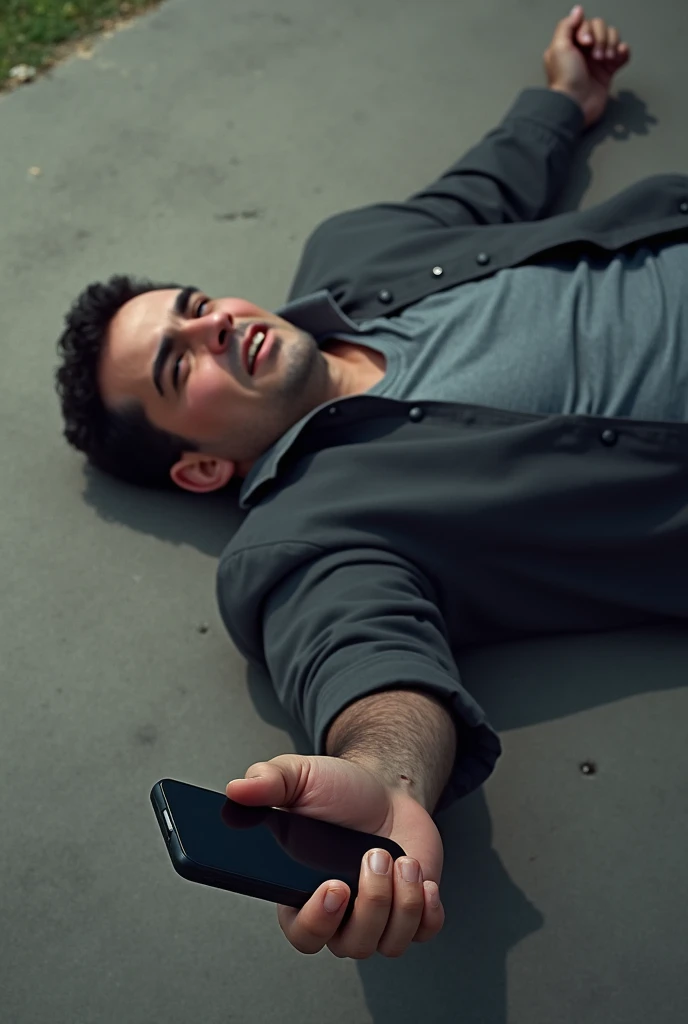 Man lying face down on the ground holding a cell phone in his hand.
The arm is raised from the ground.
