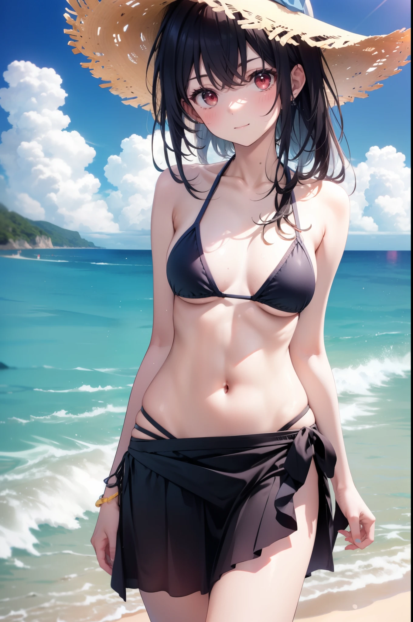 For profit, Next to Kasumigaoka, Black Hair, Long Hair, (Red eyes:1.5), 
smile,blush,Open your mouth,Straw hat,Black string bikini swimsuit,Pareo Swimsuit,Belly button,abdomen,A thin long skirt is wrapped around her waist,barefoot,Sandy Beachを散歩している,Daytime,True Summer,Clear skies,whole bodyがイラストに入るように,
break looking at viewer,whole body, 
break outdoors, Sandy Beach,Beach,
break (masterpiece:1.2), Highest quality, High resolution, unity 8k wallpaper, (figure:0.8), (Beautiful attention to detail:1.6), Highly detailed face, Perfect lighting, Highly detailed CG, (Perfect hands, Perfect Anatomy),