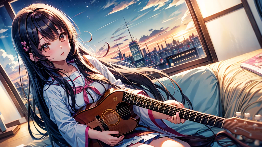 arafed Long haired asian girl playing guitar in front of a window, Kotegawa Yui, Real life anime girls, Anime Girl Cosplay, 白Hime cutヘアスタイル, Chiho, Anime Thai, Ulzzang, Long haired asian girl, kimi takemura, inspired by Miwa Komatsu, Hime cut, Long hair with bangs