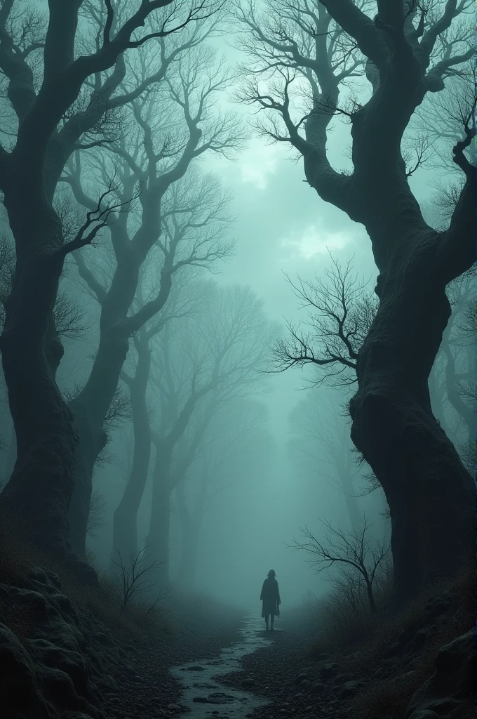 A dense, eerie forest with tall, twisted trees under a cloudy sky. In the distance, a mysterious, fog-covered village emerges from the shadows.