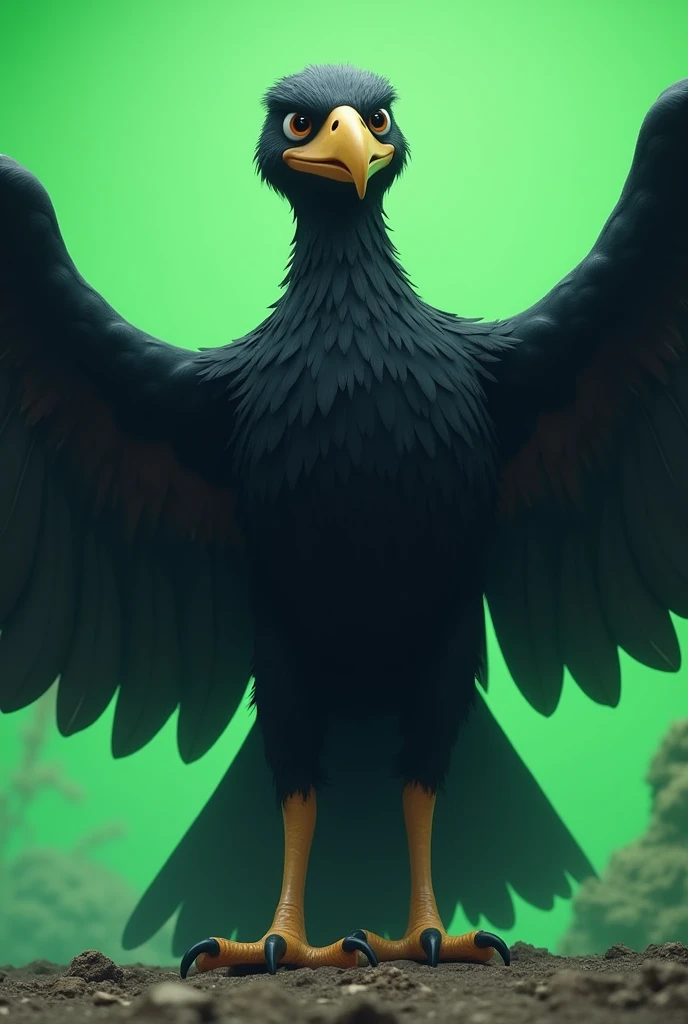 Pah, an enormous and monstrous bird was so large, it's wings was so scary, it's color is black cartoon or vintage or brown style... With green screen Background 