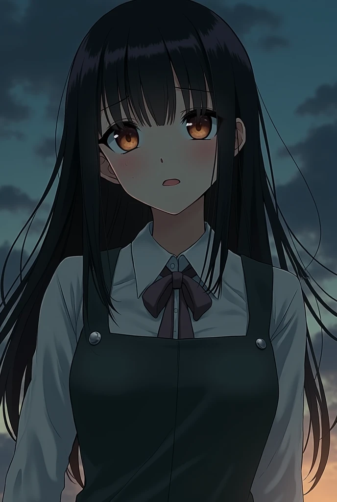 In the view of independence day, (hyper-realistic), (illustration), (high resolution), (8K), (extremely detailed), (best illustration), Yoru ( Chainsaw Man ), (beautiful detailed eyes), (best quality), (ultra-detailed), (masterpiece), (wallpaper), (detailed face), solo, upper body, focus on face, 1 girl, long black hair, indian, thin eyeshadow, well-detailed eyes, brown eyes, small moles under the eyes, long sleeve shirt, neck bow, small breasts, pinafore dress, dynamic pose, low lighting, night, dark, clouds, dark night