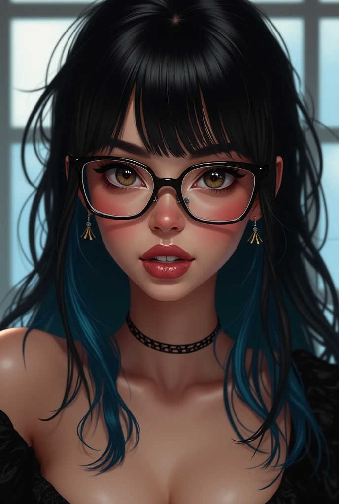 Curvy, thick girlfriend, big cheeks black hair with blue, big brown eyes light skin with piercing in the nose and tongue and with light skin, straight hair styled up and small rectangular glasses