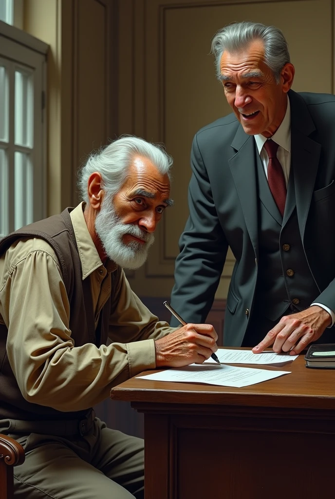 An old poor man was writing something on a bank check and say something  and the bank official was saying to him with laughing 



