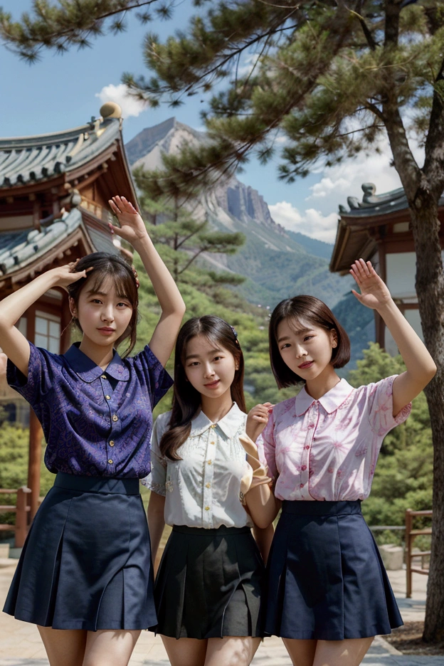 Three beautiful Korean-style women wearing short skirts with ruffled patterns and short-sleeved shirts with ruffled patterns. (Not) Behind is a shadow, both hands raised high above the head, happy mood, background, mountains, trees.