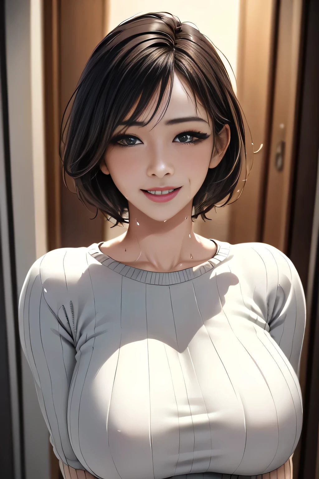 (8k, RAW Photos, Highest quality, masterpiece, Realistic, Realistic), (1 female), (Ultimate beauty), solo, Very detailedな顔, Detailed eyes, double eyelid, eyelash, smile, /(Modern house interior/), mature, /(Random color ribbed sweater/), blushed smile, (Highest qualityのmasterpiece:1.2) Delicate illustrations, Very detailed, Large Breasts、((Sweat,vapour))、In front of the entrance door、visit、(Full Shot))