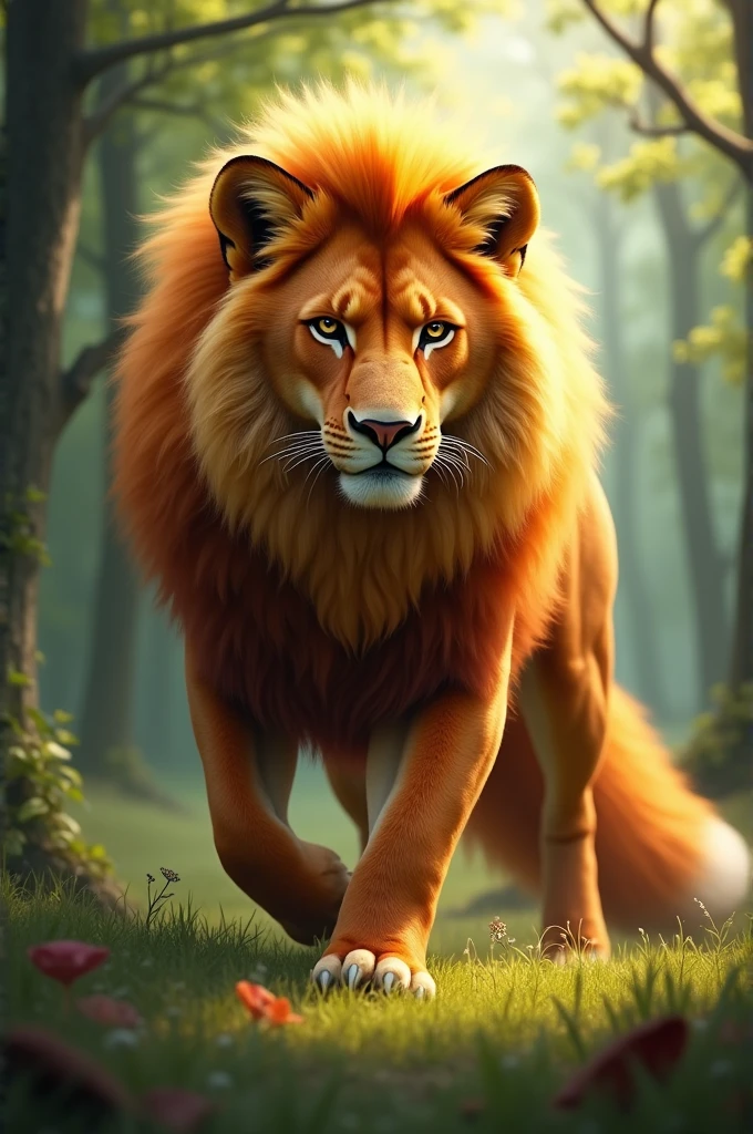 Merge a male lion with an orange fox
