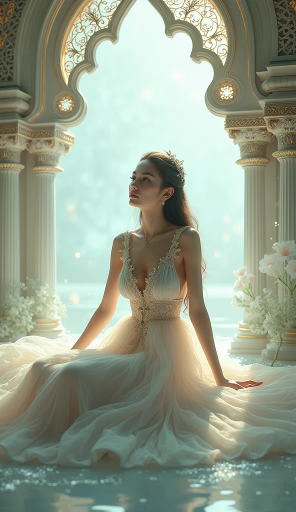 The image depicts a serene, ethereal scene with a young woman sitting gracefully. She is dressed in a flowing, light-colored dress adorned with delicate embellishments. The background features intricate, ornate architecture with soft lighting that creates a dreamy atmosphere. The setting appears to be indoors, with light filtering through, casting a magical glow around the woman. The overall aesthetic of the image is elegant and otherworldly, with a soft, pastel color palette and sparkling elements that add to the enchanting feel.