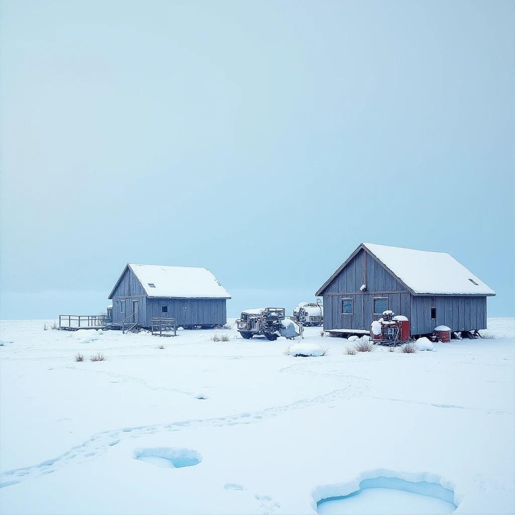 (best quality, 8K, high resolution, masterpiece), ultra detailed, oil painting, an abandoned research base in the frozen expanse of Antarctica, with snow-covered buildings and equipment left to the mercy of the elements, the cold, desolate scene painted in stark whites and blues.