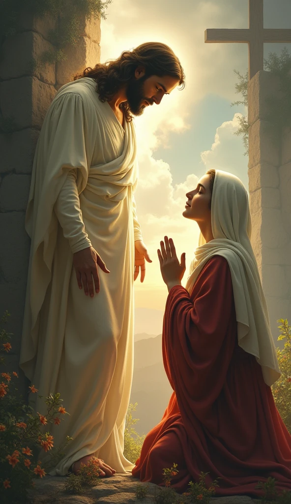 The beautiful Virgin Mary kneeling in prayer before the resurrected Christ.