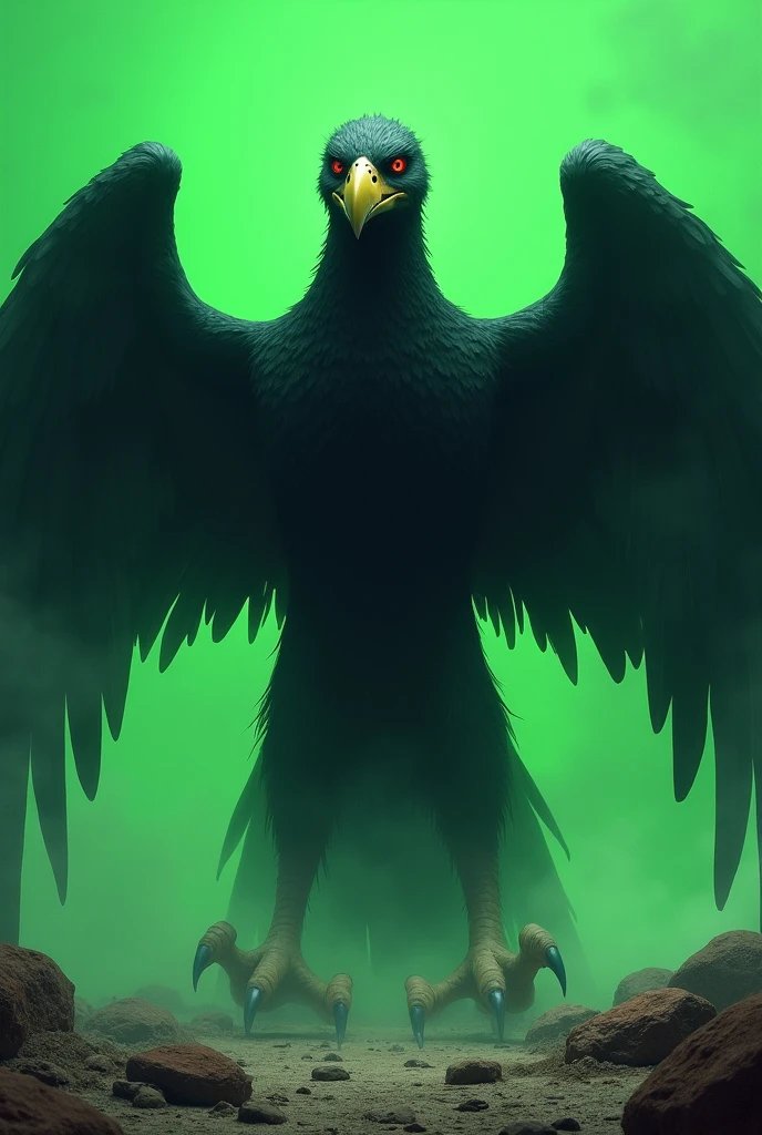 Pah, an enormous and monstrous bird was so large, it's wings was so scary, it's color is black cartoon or vintage or brown style... With green screen Background