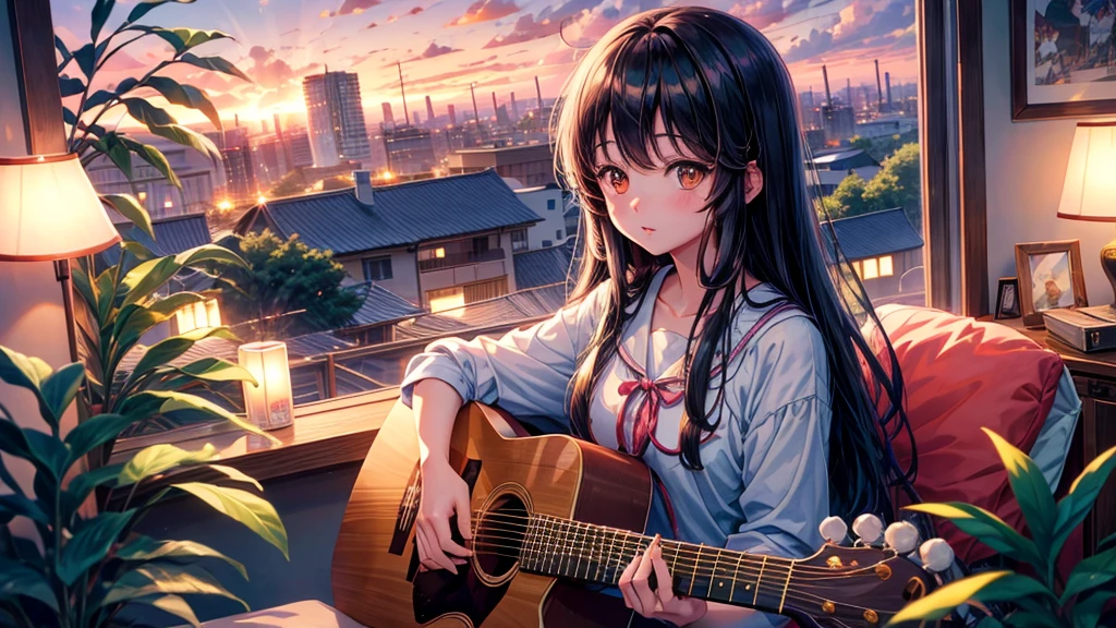 arafed Long haired asian girl playing guitar in front of a window, Kotegawa Yui, Real life anime girls, Anime Girl Cosplay, 白Hime cutヘアスタイル, Chiho, Anime Thai, Ulzzang, Long haired asian girl, kimi takemura, inspired by Miwa Komatsu, Hime cut, Long hair with bangs