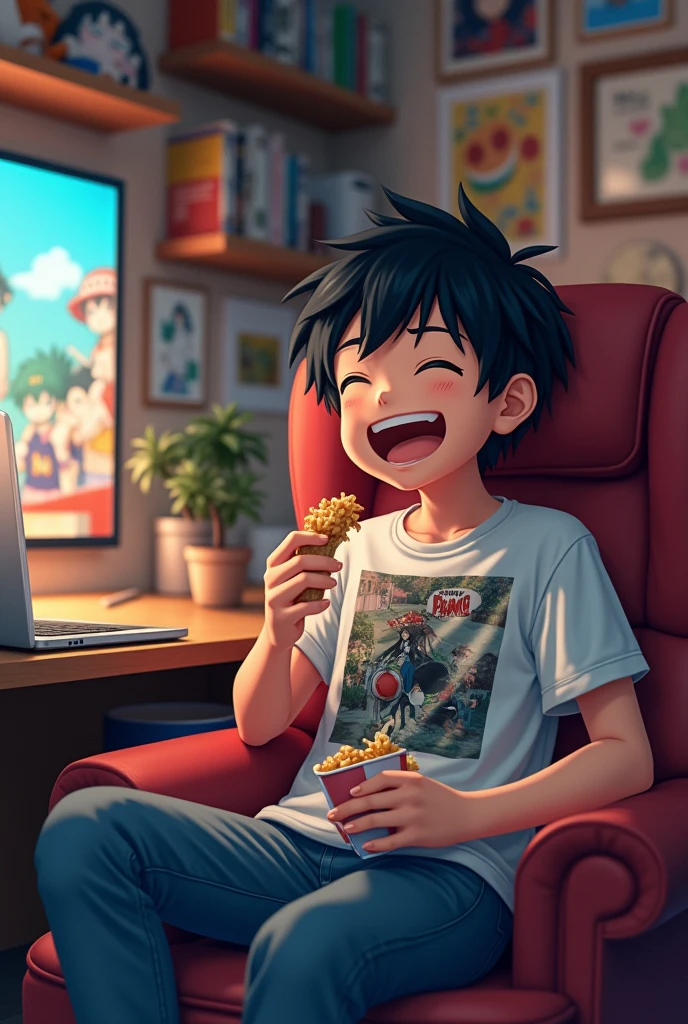 A black-haired boy is sitting on a comfortable chair in his otaku-themed setup. He has a cheerful expression, with a wide smile showing his enjoyment. His black hair is styled in a casual, slightly tousled manner. He's wearing a relaxed outfit, such as a graphic t-shirt featuring anime designs and comfortable jeans.The background of the setup is filled with anime posters, figurines, and manga volumes neatly organized on shelves. The room has a warm, cozy atmosphere with soft lighting, perhaps from a desk lamp or LED strips. On a desk or table in front of him, there's a laptop or a large screen displaying an anime episode. The boy's gaze is fixed on the screen, and he’s holding a snack or drink, enhancing the casual, relaxed vibe of the scene. Laughing open mouth