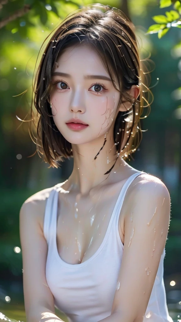 RAW photos:1.2), (realistic), ((jogging along a path)), ((cream pie)), ((Face and body soaked in water:1.2)), upper body shot, beautiful detailed girl, very detailed eyes and face, beautiful and delicate eyes, huge file size, high resolution, very detailed, best quality, very detailed, fine details, best quality, 8K wallpapers, Natural light illumination, 15-year-old sister, ((in the forest)), bright background, sleepy expression, messy hair, slim body, young face, immature body , Sunlight lighting, ((White tank top)),