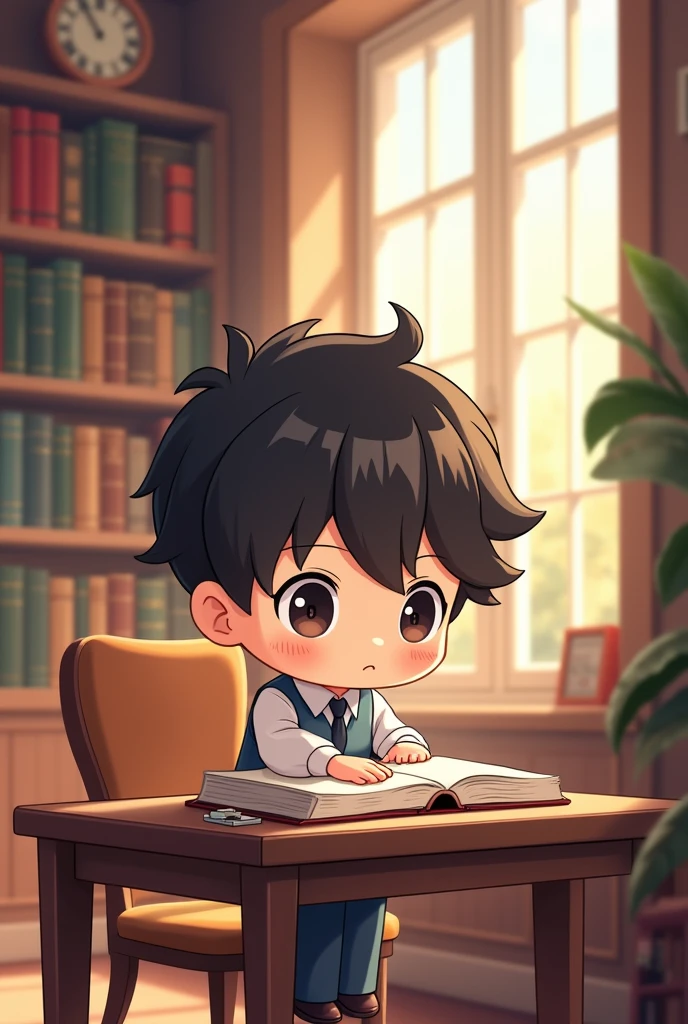 Chibi boy student that is studying at the library 