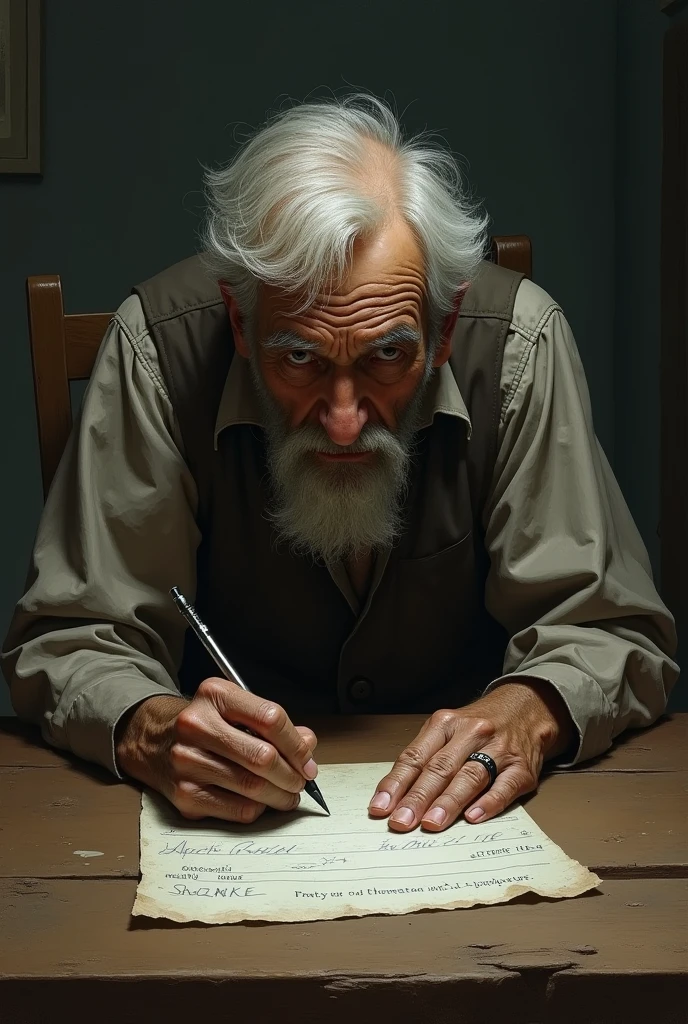 An old poor man was writing something on a bank check and say something 


