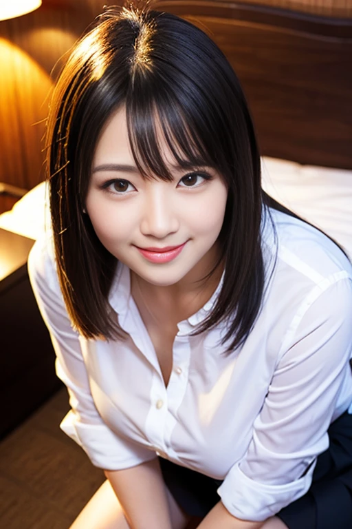 (A beautiful Japanese office lady, age 28, wearing formal White shirt with buttons & grey mini-skirt, squatting in bed at midnight, 😈

 seductive expressions, naughty smile, dimpled cheeks, cute snaggle-tooth, short bob hair, short ponytail, symmetrical face, realistic detailed face, beautiful detailed eyes, detailed face, perfect body proportions, ample round bosoms, huge breasts,

 photorealistic, hyper-realism, high contrast, ultra HD, realistic skin textures, top image quality, top-quality, super high resolution, fine details, very meticulously, masterpiece, head to knees, High Angle Shot, full body shot, cowboy shot, bokeh background)