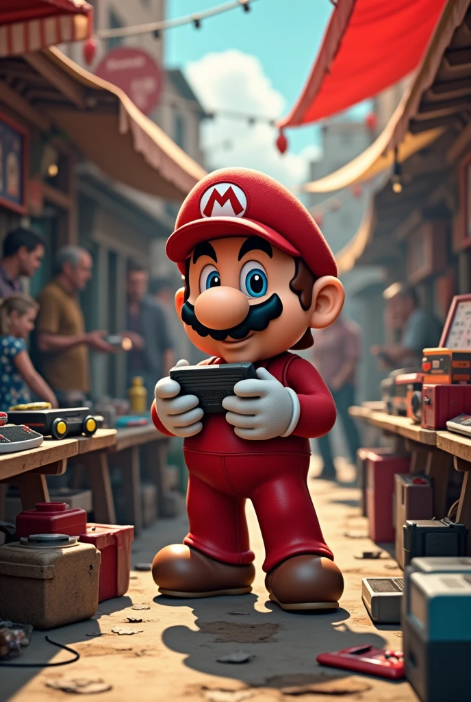 Super Mario is at a flea market stall with retro video games and a game in his hand