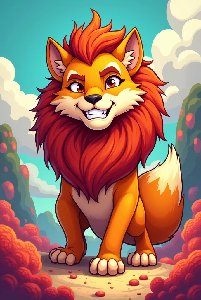 Merge a male lion with an orange fox, in cartoon style