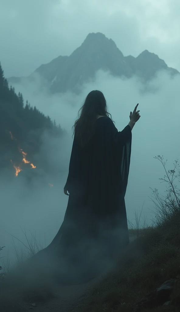 dark fantasy, Mysterious big Fog, Mysterious girl, witch, pointing with fingar somethint at mountains in mist, dark and gloomy, visible tongue of fire deep in mist descending from mountains, realistic, full body shot, panoramic view, 