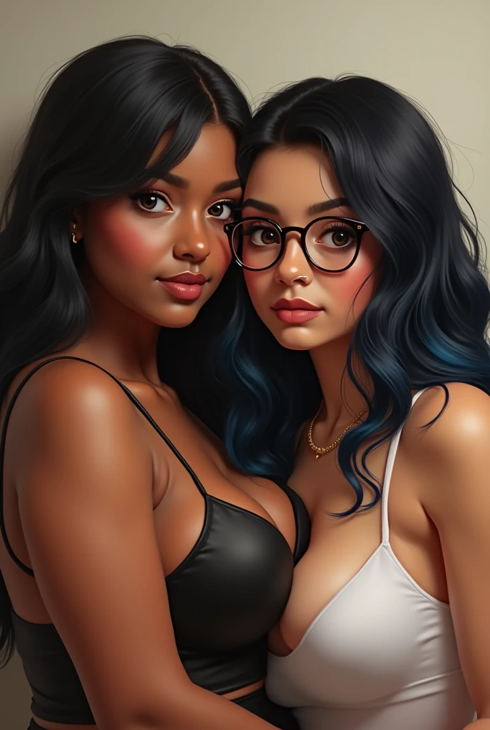 Couple of boyfriends she curvy body big cheeks black hair with blue, big brown eyes light skin with piercing in the nose and tongue and with light skin, straight hair styled up and small rectangular glasses