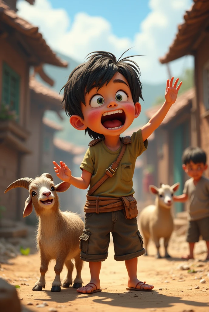 Young boy shouting in village with his goat's