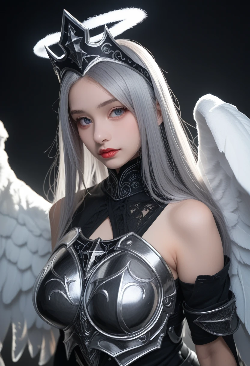 top-quality、masterpiece、超A high resolution、(Photorealsitic:1.4)、Raw photo、Mechanical Angel、large wings made of metal、White porcelain body、white hair、glowy skin、1 Mechanical Girl、((super realistic details))、portlate、globalillumination、Shadow、octan render、8K、ultrasharp、character edge light,Colossal tits、Raw skin is exposed in cleavage、Details of complex ornaments、Hydraulic cylinder、highly intricate detail、Realistic light、a purple eye、radiant eyes、Facing the camera、neon details、cowboy shot、Futuristic headgear、Sumerian details、Small LED lamp、