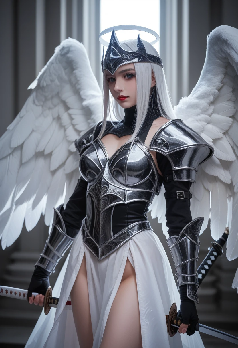 1fullbodyimage of woman in a black and silver outfit with wings wielding a katana, beautiful dark angel girl, warrior angel, villainess has black angel wings, angel knight gothic girl, angel in glossy metallic black and silver armor, crown in armour, stuning fantasy 3 d render, angel knight girl, cinematic volumetric lighting, ultra realistic, shot with Sony Fx6