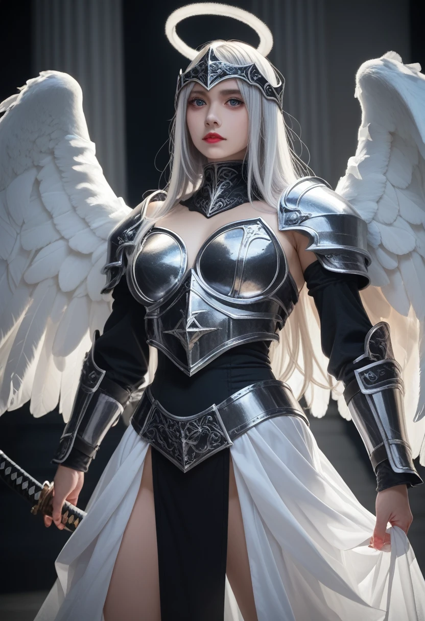 1fullbodyimage of woman in a black and silver outfit with wings wielding a katana, beautiful dark angel girl, warrior angel, villainess has black angel wings, angel knight gothic girl, angel in glossy metallic black and silver armor, crown in armour, stuning fantasy 3 d render, angel knight girl, cinematic volumetric lighting, ultra realistic, shot with Sony Fx6
