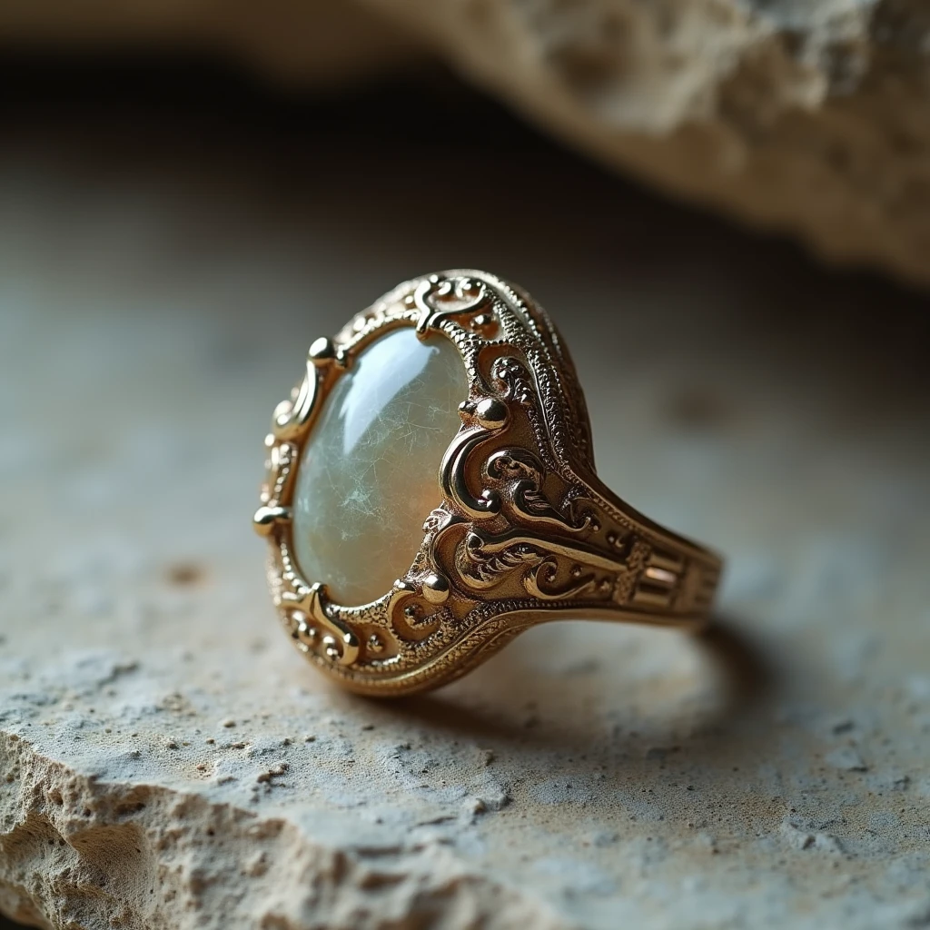 Create an image of a compact jewelry made from stone, such as a ring, necklace, or bracelets. Jewelry should have a sophisticated design, with carefully cut and securely set gemstones. The surface of the stone should show a natural shine, with intricate carvings or patterns to enhance the beauty of the pebble or cobblestone material
