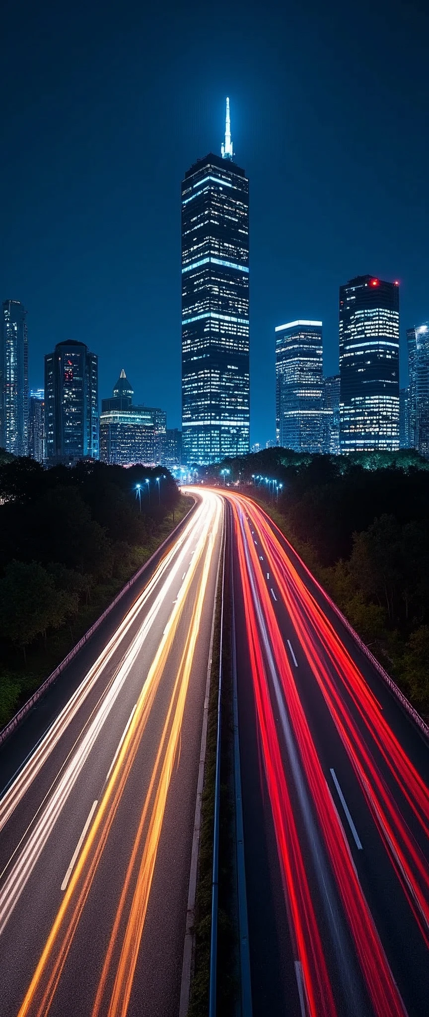 (Light trail photography:2.0),Tokyo,skyscraper,Metropolitan Expressway,night,Shooting from a car,A wide, straight road,Beautiful afterimage of light,(Light is represented by rainbow colors.:1.5),(masterpiece:1.2,Highest quality,Ultra-high resolution,Ultra-detailed,8k,Photorealistic,Best aesthetics),(dynamic)