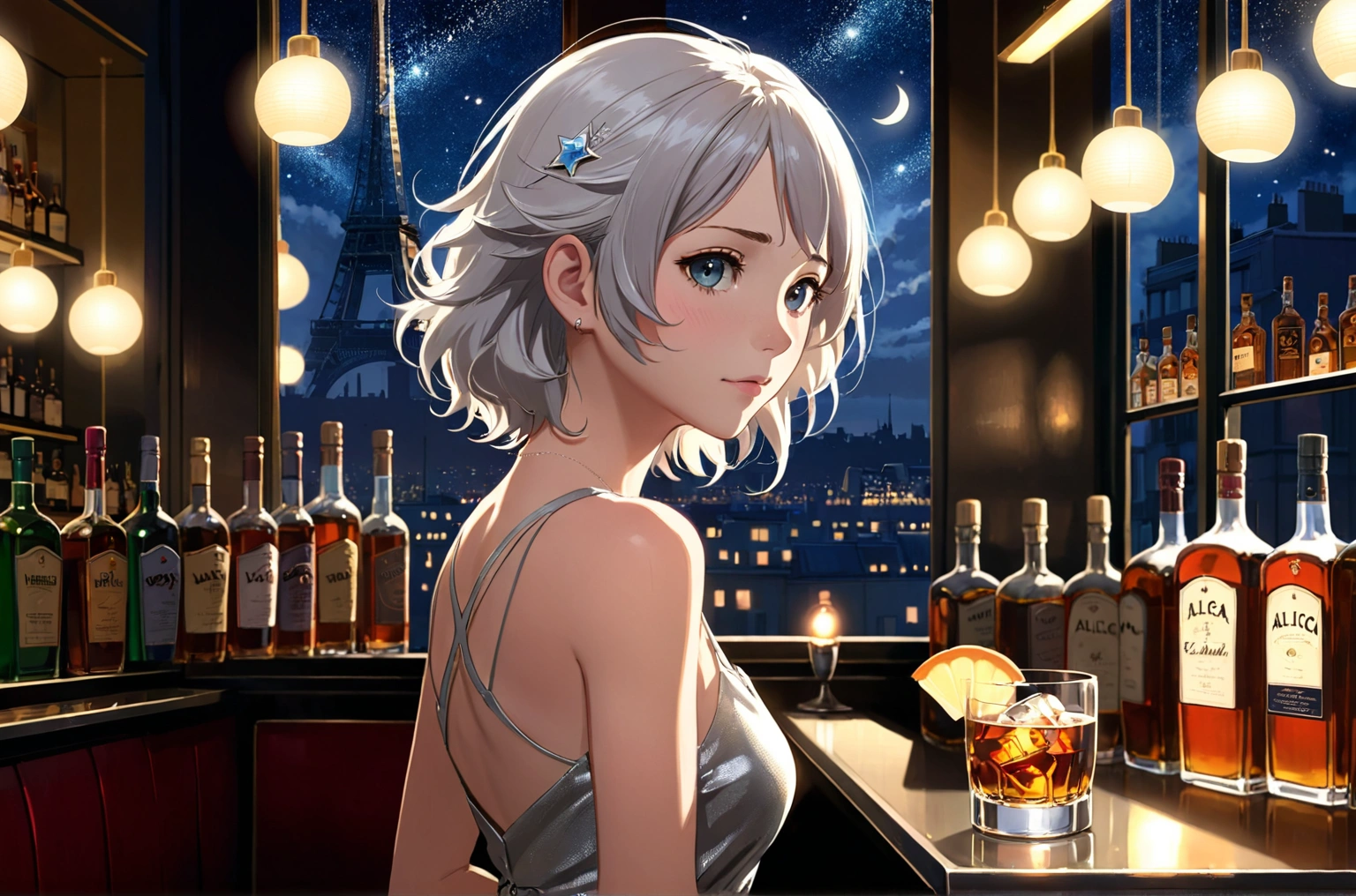 Uses Makoto Shinkai's depiction perfectly,Portrait of Alica Schmidt,8k 4k masterpiece photo ,Paris,A jazz bar with a glass ceiling,The twinkling stars can be seen through the glass windows.,It's a dark night outside,Jazz is playing,Close-up of profile,Beautiful in profile,Semi-long hair,Silver Hair,Look in a different direction,Standing alone at the counter,A small glass of whiskey in front of me1There are、tight fitting tank top dress,The bust is large,Different store